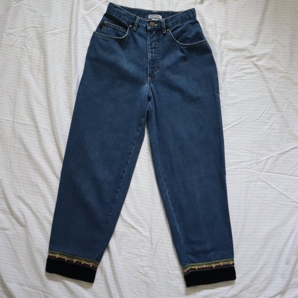 VINTAGE Cropped Straight Leg Jeans Embroidered Hem - Picture 2 of 8